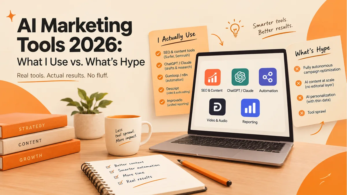 Cover illustration for the blog post: AI Tools for Digital Marketing: What I Actually Use (And What's Hype)
