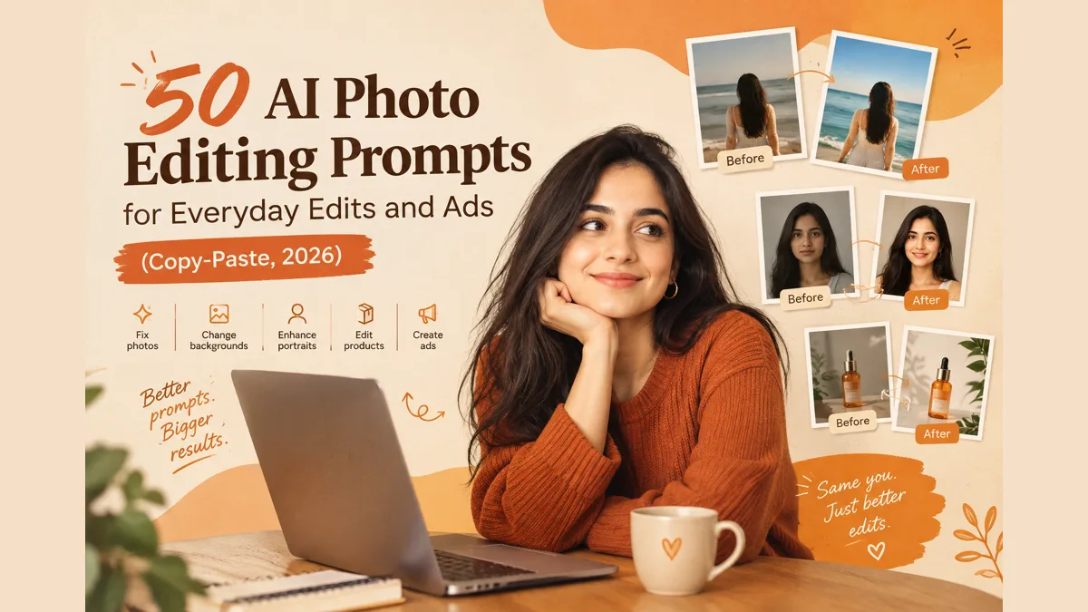Cover illustration for the blog post: 50 AI Photo Editing Prompts for Everyday Edits and Ads (Copy-Paste, 2026)