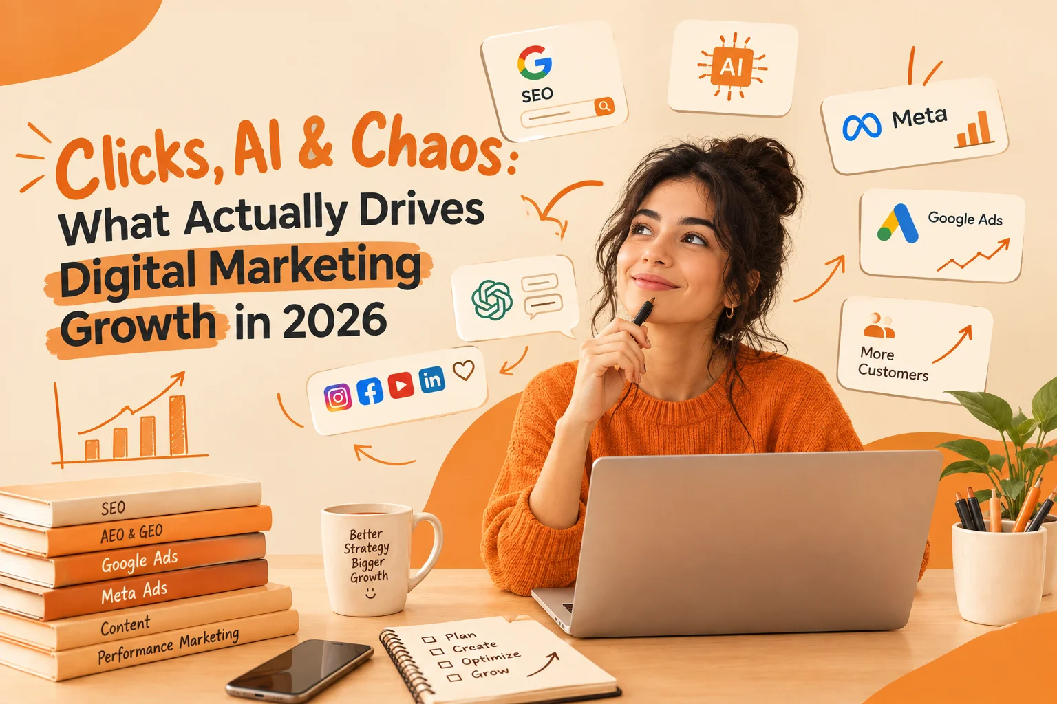 Cover illustration for the blog post: Clicks, AI & Chaos: What Actually Drives Digital Marketing Growth in 2026?