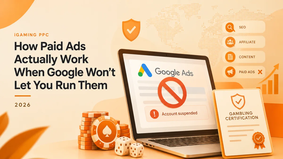 Cover illustration for the blog post: iGaming PPC in 2026: How Paid Ads Actually Work When Google Won't Let You Run Them