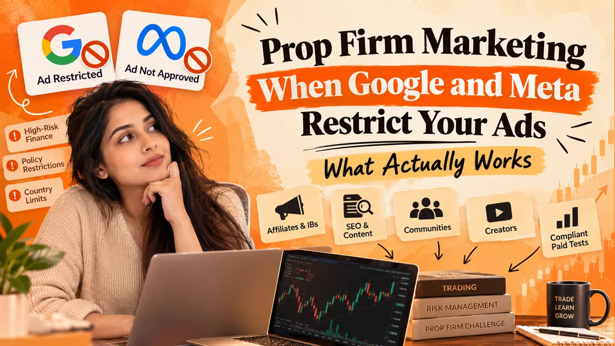 Cover illustration for the blog post: Prop Firm Marketing When Google and Meta Restrict Your Ads: What Actually Works