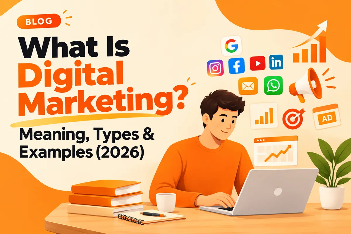 Cover illustration for the blog post: What Is Digital Marketing? Meaning, Types & Examples (2026)