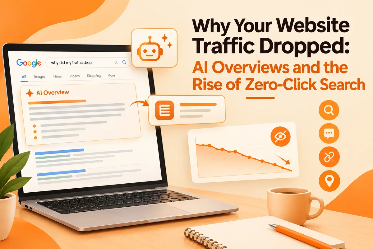 Cover illustration for the blog post: Why Your Website Traffic Dropped: AI Overviews and the Rise of Zero-Click Search